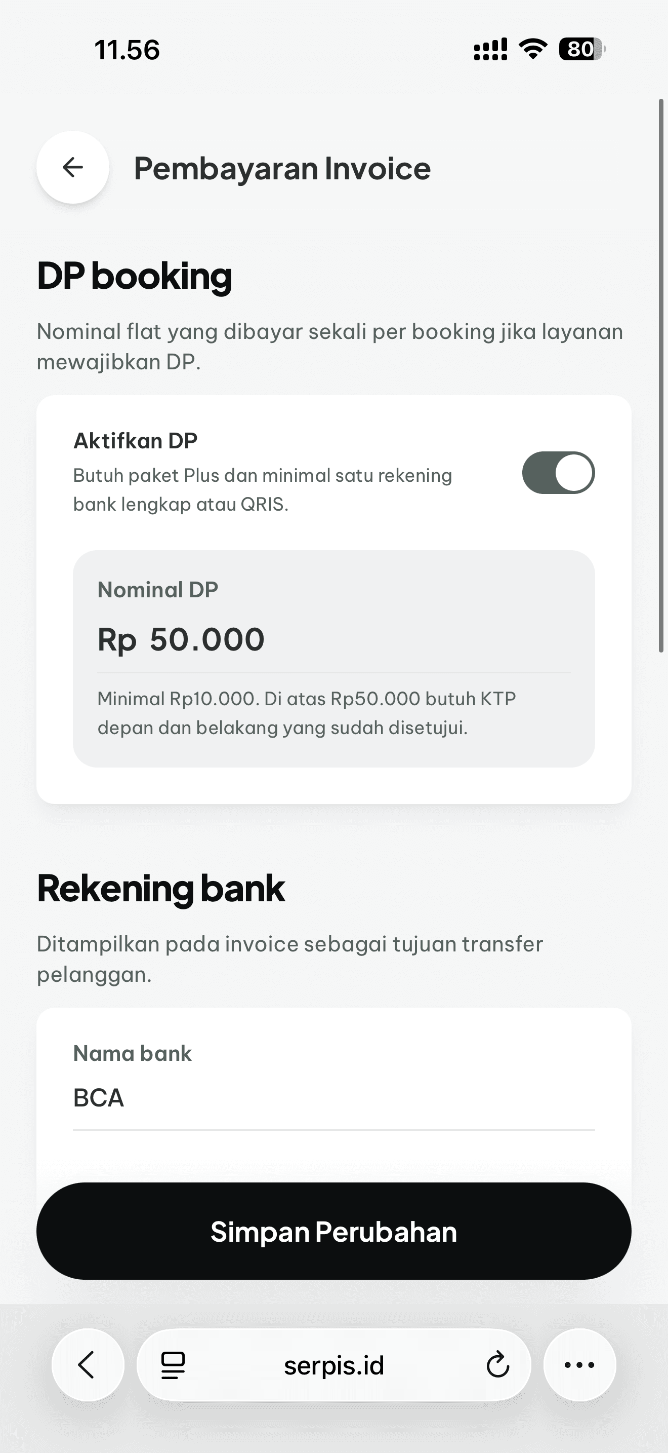 Tampilan pengaturan nominal DP booking di Serpis