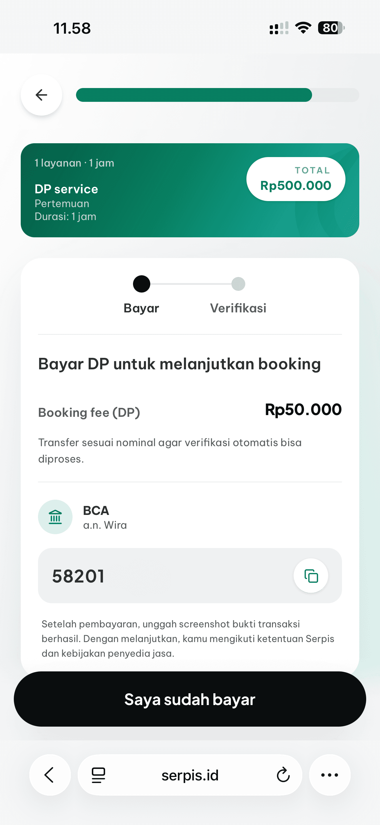 Klien membayar DP booking lewat transfer bank