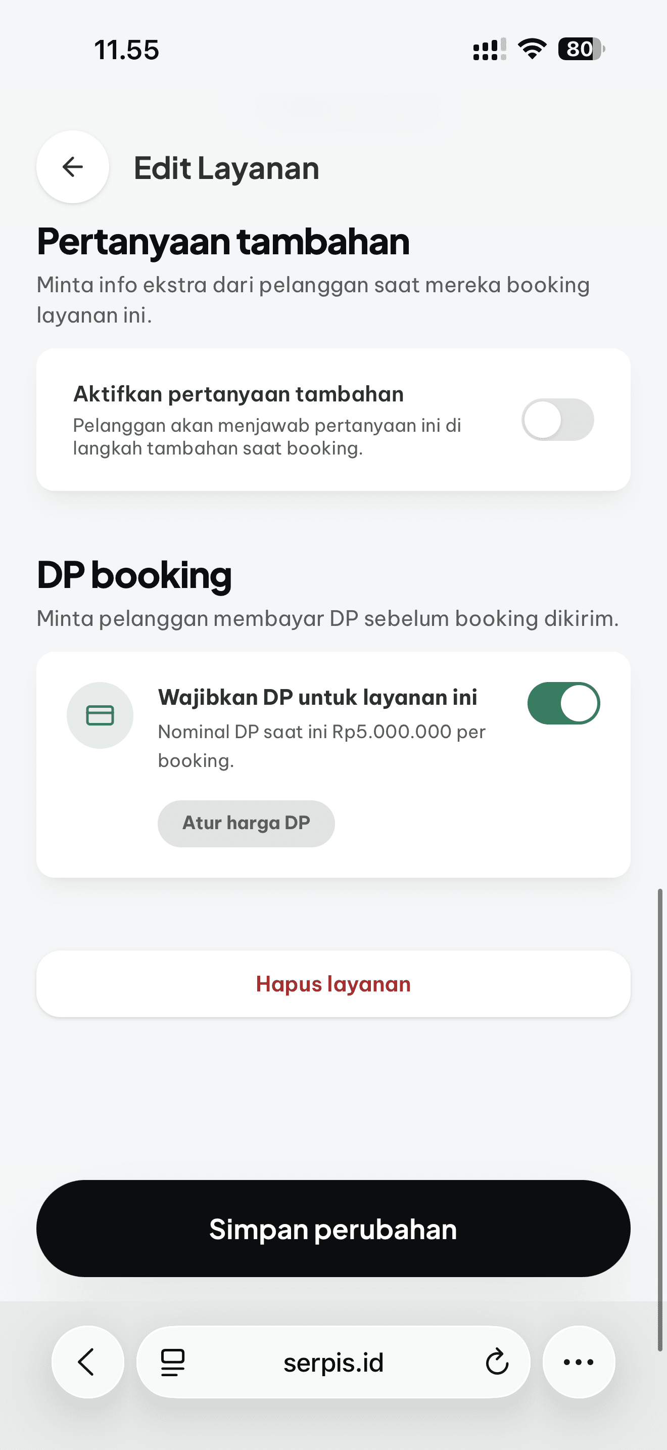 Tampilan pengaturan wajib DP pada layanan di Serpis
