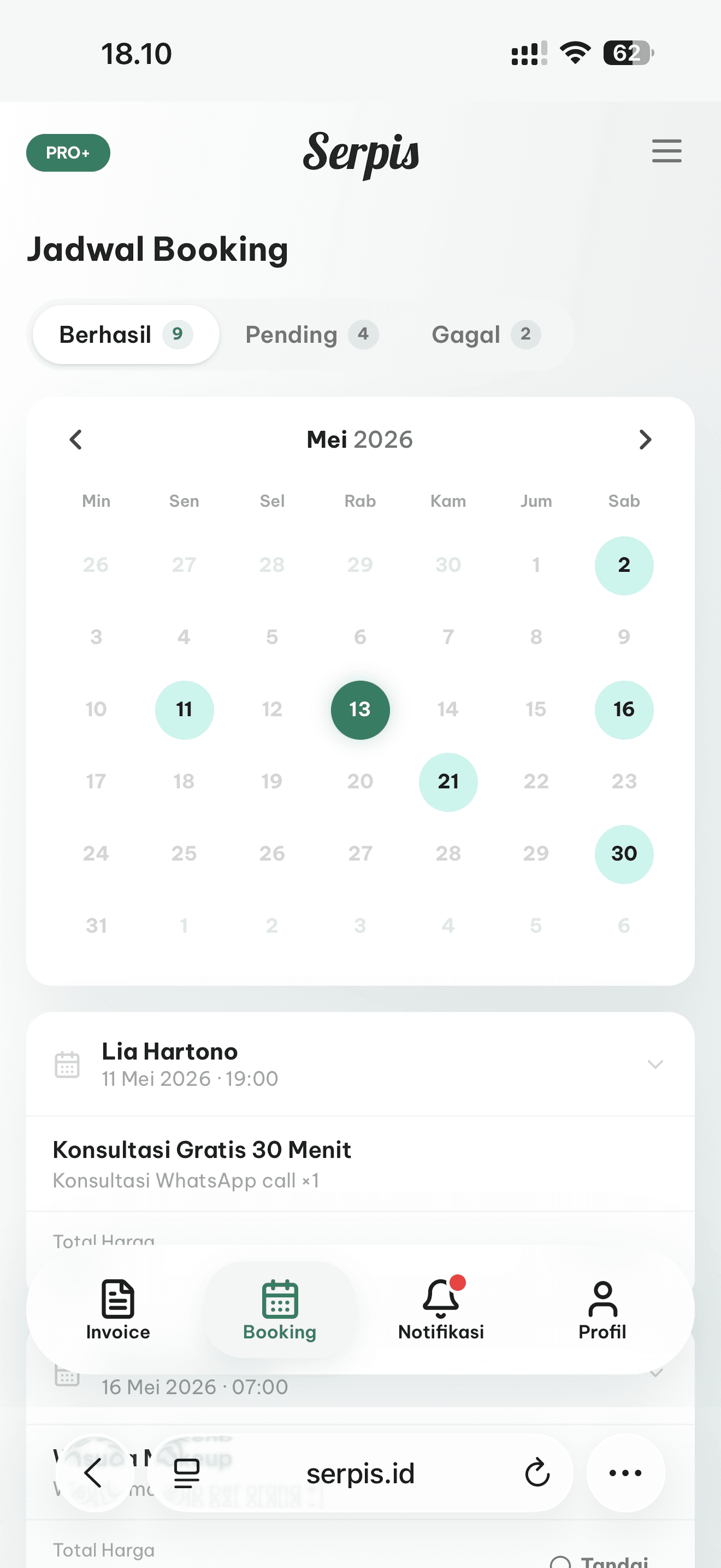 Tampilan jadwal booking Serpis di ponsel
