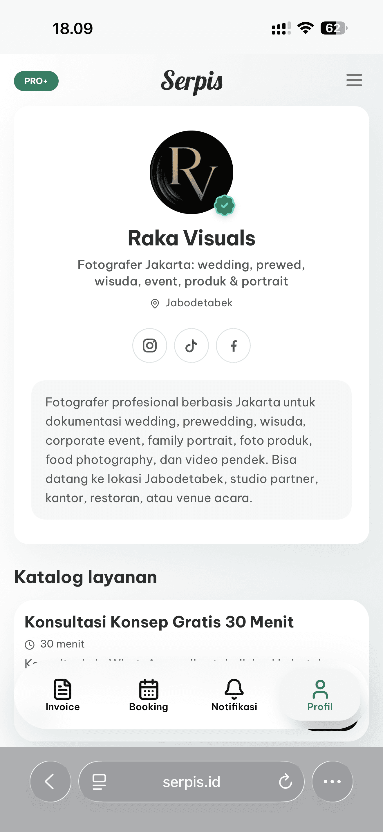 Tampilan profil bisnis Serpis di ponsel