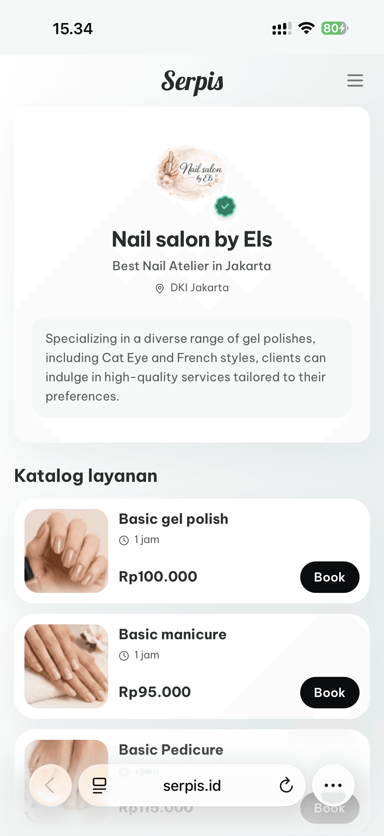 Tampilan profil Serpis dengan katalog layanan dan tombol booking di ponsel