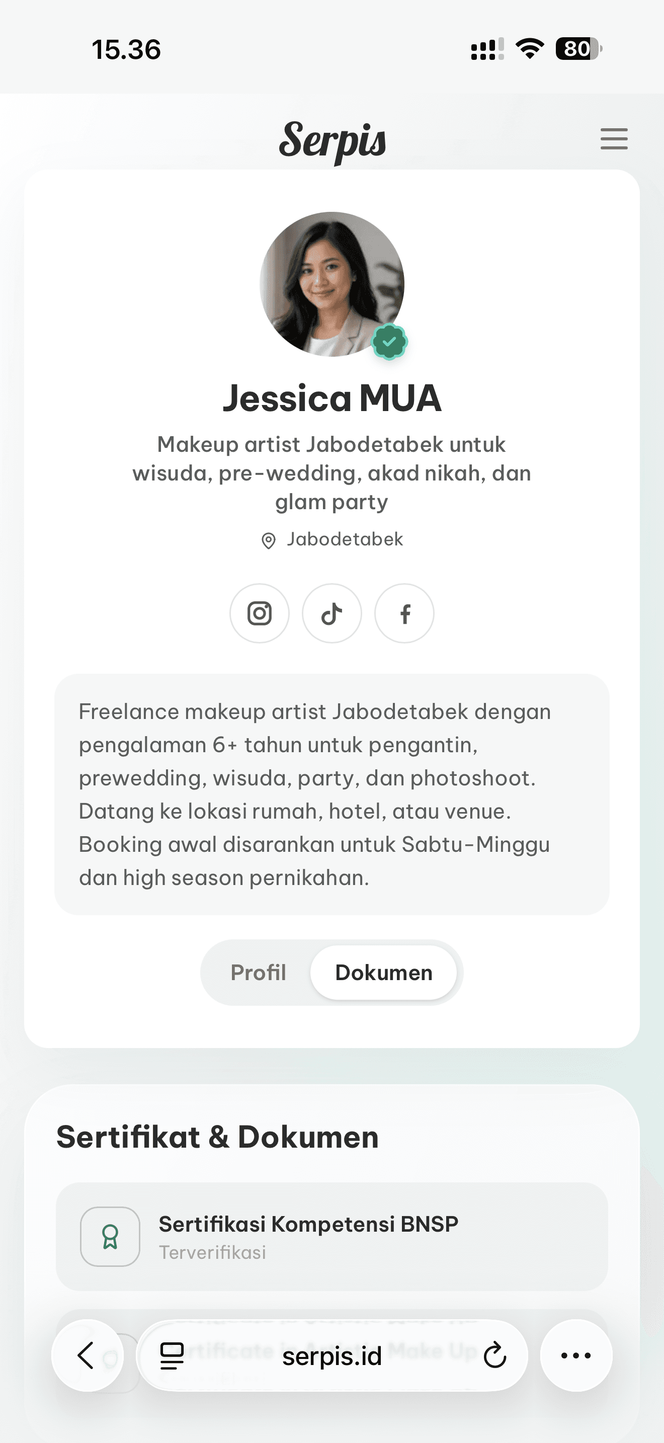 Tampilan profil profesional Serpis dengan tab dokumen di ponsel