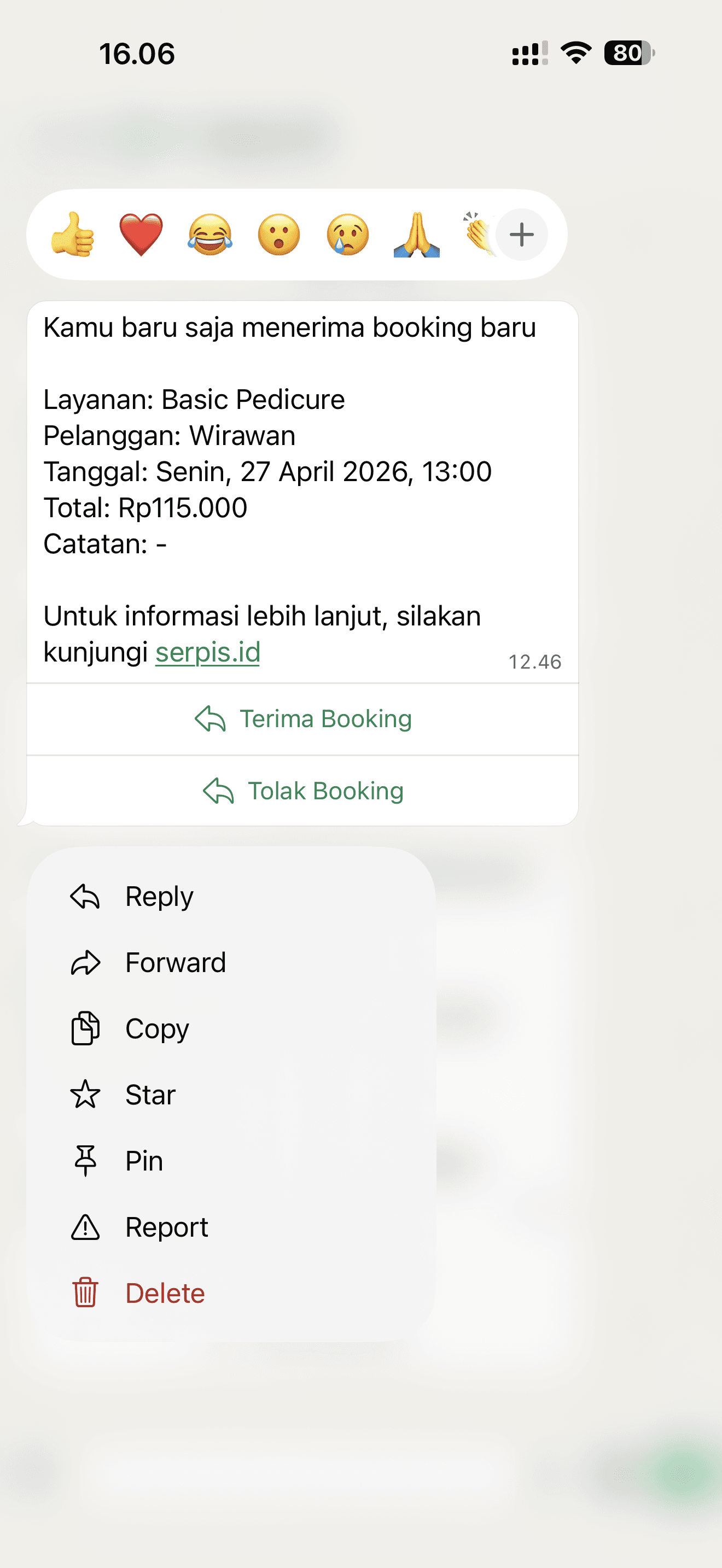Notifikasi booking WhatsApp dengan tombol Terima Booking dan Tolak Booking